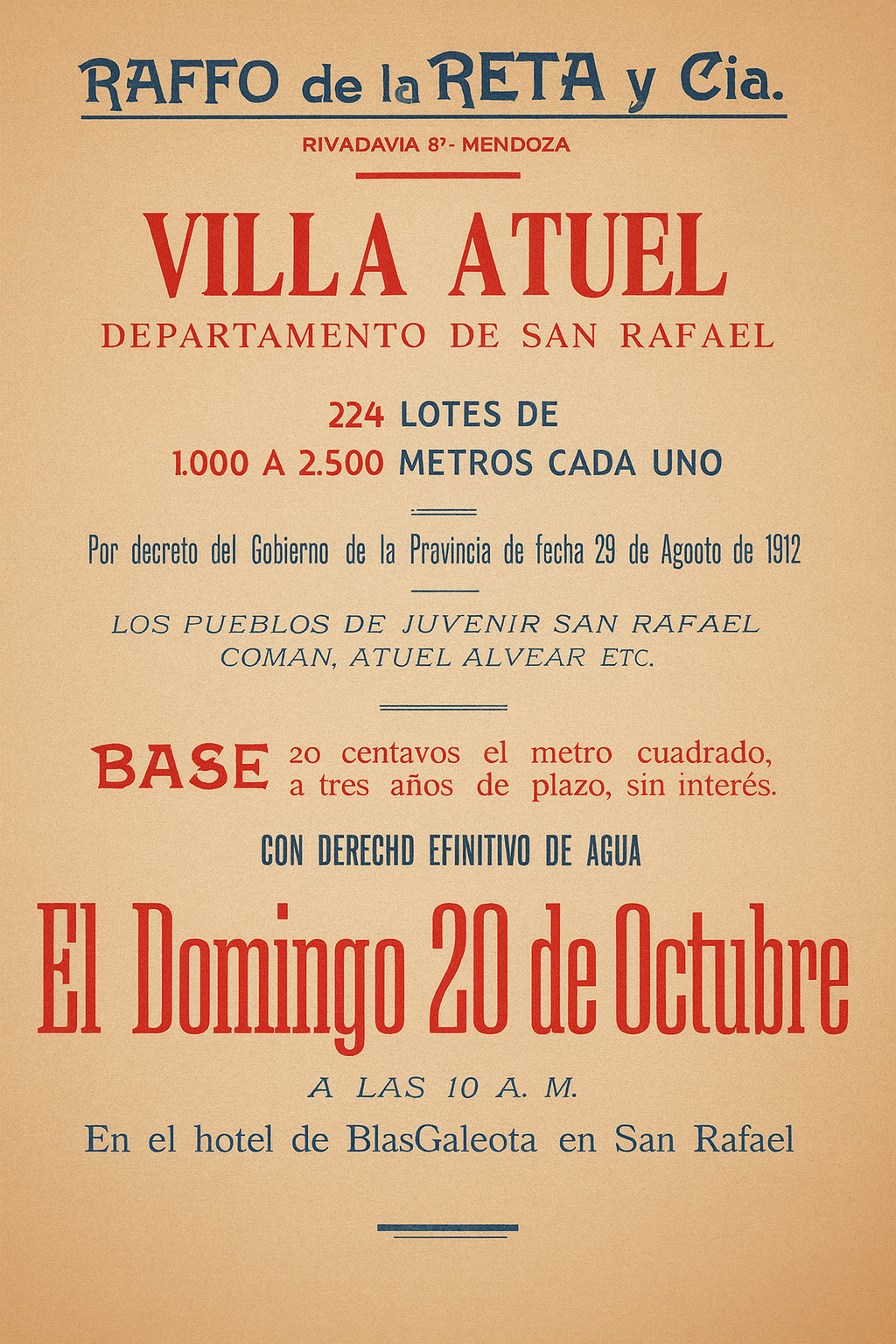 Antiguo cartel de remate de lotes de Villa Atuel